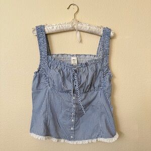 Pink x Frankies Bikinis Blue & White Gingham Milkmaid Tank Top w/ Buttons & Lace
